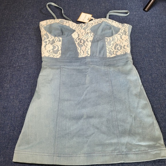 Fumblin' Foe Dresses & Skirts - Fumblin Foe Light Blue Denim Lace Bustier Mini Dress Sweetheart Medium NWT